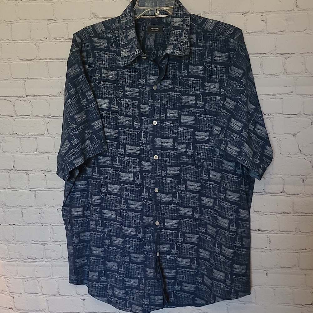 Arrow Size XL Mens Nautical Navy Blue Button Up Sailboat Boating Shirt